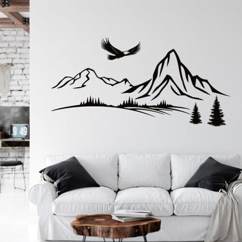 Mountains With Trees And Eagle Wall Decal Pine Trees Mountains Vinyl Sticker, Landscape Wall Art Decoration 2193