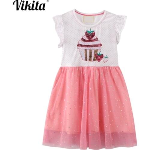 VIKITA Girls Summer Princess Dresses Kids Casual Vestidos Baby Girl Frocks Children Clothes Ice Cream Cartoon Sequined Dress