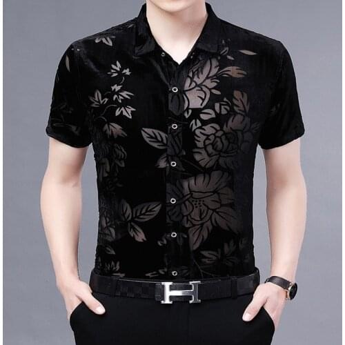 Summer Flower Transparent Black Velvet Shirts For Mens Sexy Hollow See Through Dance Velour Shirts Large Size Stretch Clothing