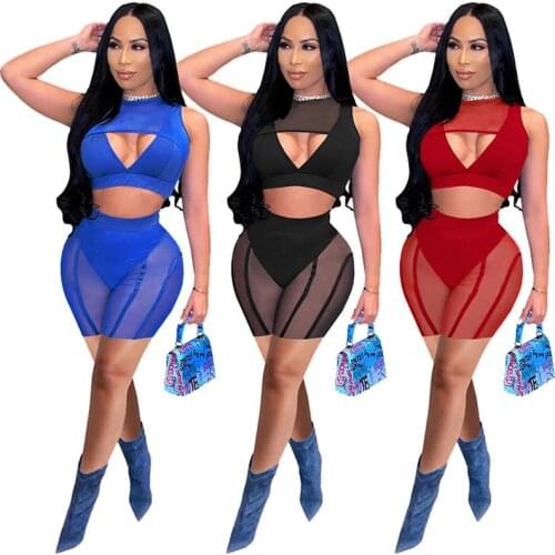Solid Mesh Sheer Patchwork Two Piece Set Hollow Out Crop Top And Biker Shorts Sexy Women Summer Club Outfits Bodycon S-XXL