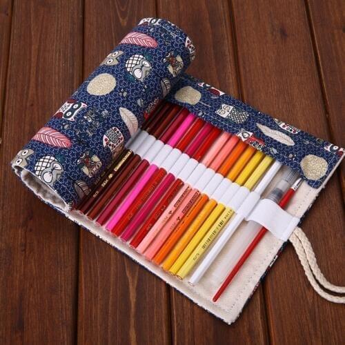 36/48/72 Holes Owls & Leaves Canvas Roll Up Kawaii Pencil Case Drawing Pen Holder Sketching Bag Girls School Supply Stationery