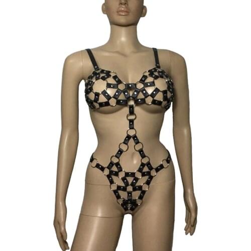 Sexy Women PU Leather Metal Ring Open Body Teddies Harness One Piece Bikini Lingerie Set Fetish Restraint Costume