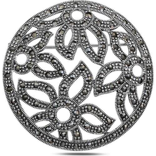 Silver 925 Sterling Flower Decorated With Marcasite Stone Brooch