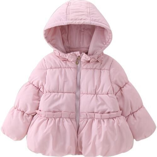 Girls Padded Jacket 2020 Winter New Childrens Solid Color Zipper Hooded Jacket Bow Tie Infant Baby Boys Overcoat Kids Clothes