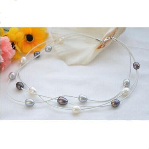 Unique Pearls jewellery Store 3 rows White Gray Black Rice Freshwater Pearl Real White Leather Necklace Charming Women Gift