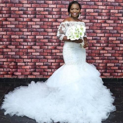 African Long Sleeves Plus Size Lace Mermaid Wedding Dresses with Appliques Ruffles Tiered Sweep Train Tulle Lace-up Back Bridal