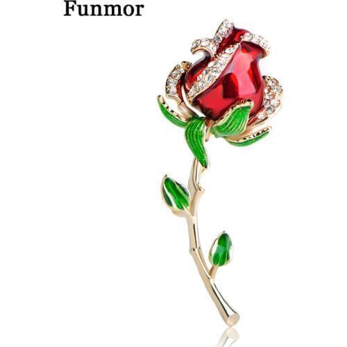 Funmor Enamel Esmalte Red Rose Brooches For Women Alloy Flower Weddings Banquet Party Suit Hijab Pins Brooch Valentine Day Gift