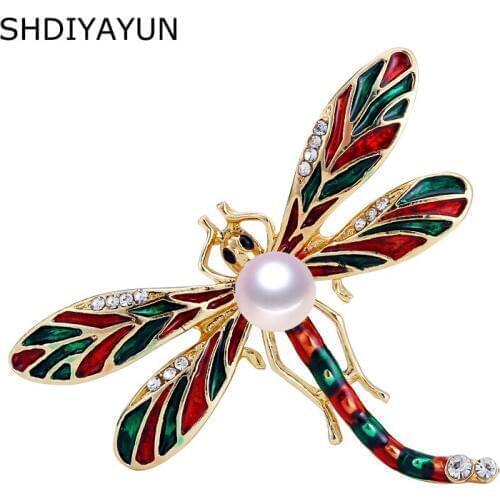 SHDIYAYUN 2019 New Pearl Brooch Enamel Dragonfly Brooch For Women Vintage Gold Brooch Pins Natural Freshwater Pearl Jewelry Gift