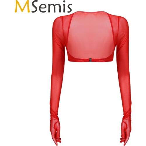 Summer Women See-through Mesh Gloves Tops Female Long Sleeve Open Front Buckle Crop Top Sissy Clubwear for Lingerie Night Party