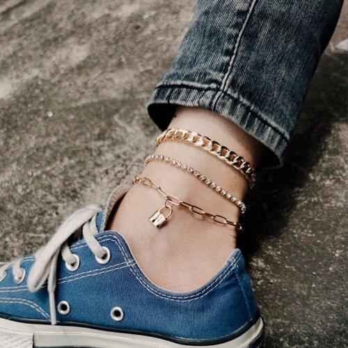 2021 New Fashion Punk Vintage Female Summer Beach Jewelry Bohemian Gold Color Lock Anklets for Women Wholesale