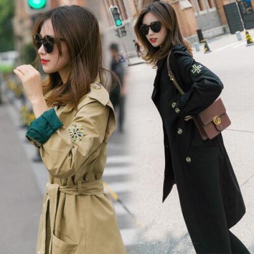 Women trench coat slim coat with belt autumn winter outfit long windbreaker embroidery coats female business student outerwear