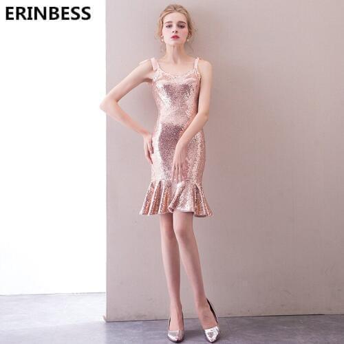 Short Prom Dresses 2019 Fashion Vestido De Festa Formal Party Gowns For Women Scoop Neck Rose Gold Sequin Prom Dress Gown