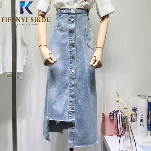2020 New Women Plus Size 5XL Denim Skirt Single Breasted Pocket High waist Midi Long Skirt Female Asymmetry A-Line Jeans Skirts