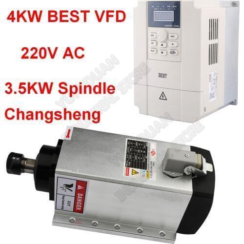 3.5KW 220V 18000RPM ER20 AC Spindle Motor Fan Air Cooled Mounting bracket flange & 1ph to 3ph 4KW BEST VFD Set for CNC Router