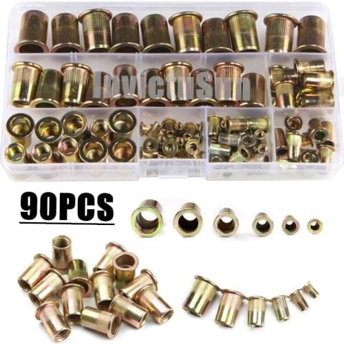 90PCS Zinc Plated Carbon Steel Knurled Nuts Rivnut Flat Head Threaded Rivet Insert Nutsert Cap Rivet Nut M3 M4 M5 M6 M8 M10 M12