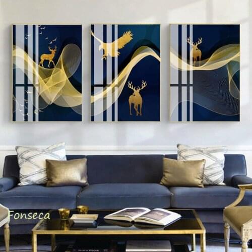 Abstract Golden Deer Eagle Canvas Painting Animal Gold Line Poster Wall Art Picture for Living Room Modern Cuadros Decoration