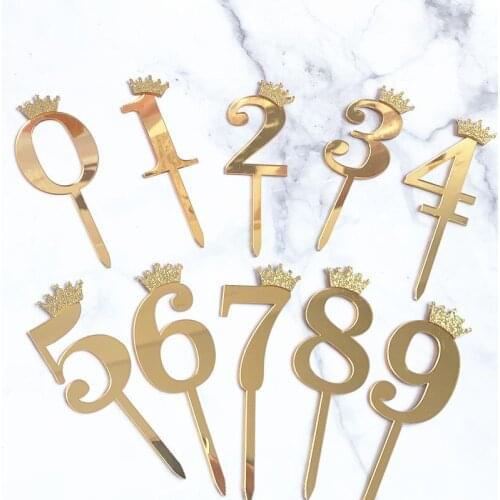 Mirror Surface Cake Topper Acrylic Number 0-9 with Crown Kids Birthday Party Digital Cake Decorating Wedding Anniversary Toppers