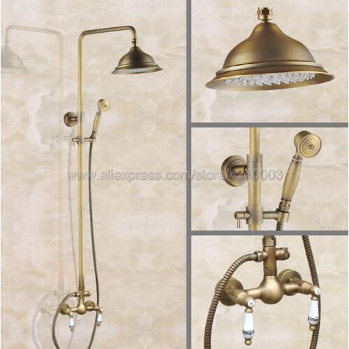 Antique Brass Bathroom Rainfall Shower Faucet Set Mixer Tap With Hand Sprayer Wall Mounted Bath Shower Sets Double Handle Kan101