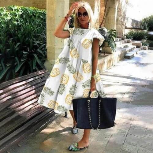 Free Shipping Dress Popular Fashion Streetwear Round Neck Flying Sleeve Casual Comfort Leaf Print Beach Dress Women