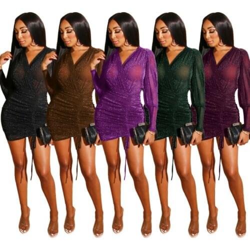 Women Long Sleeves V Neck Shiny Bodycon Club Party Drawstrings Draped Mini Dress