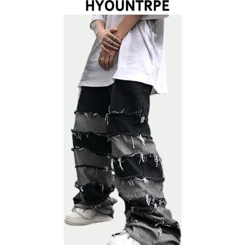 Mens High Street Loose Denim Jeans New Casual Patchwork Ripped Straight Zipper Jeans Hip Hop Streetwear Casual Wide Legs Joggers