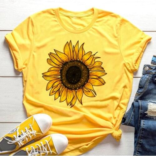 Sunflower Bee Kind Yellow Women T-shirt Aesthetics Graphic Short Sleeve Cotton Polyester T Shirts Female Camisetas Verano Mujer