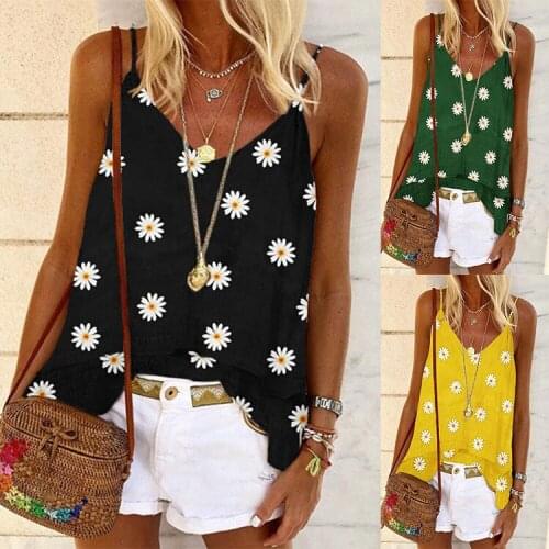 T Shirts Tops Summer New Fashion Sexy Spaghetti Straps Womens T Shirt Casual Loose Solid Daisy Print Ladies Sling
