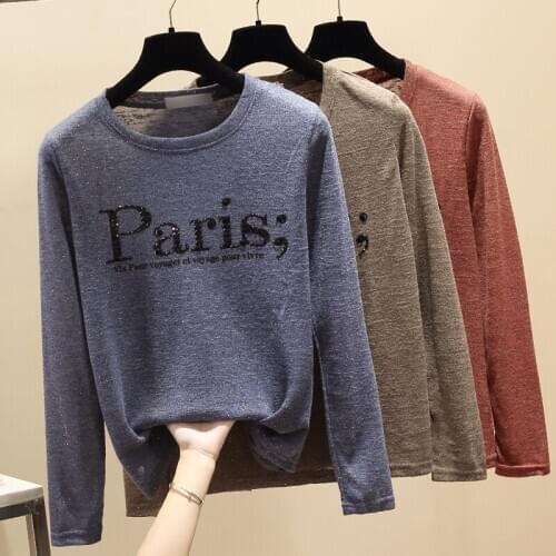 Harajuku Korean Womens Tshirt Long Sleeve Tops Casual Diamond Letter Thin T Shirts Sexy O-Neck Autumn Tee Shirt Femme