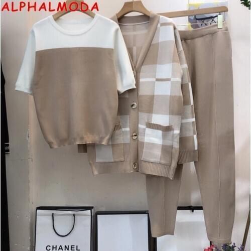 ALPHALMODA Women Knit Short Sleeeve Pullovers+Plaid Cardigans+ Pants 3pcs Sets Autumn Winter Tracksuits