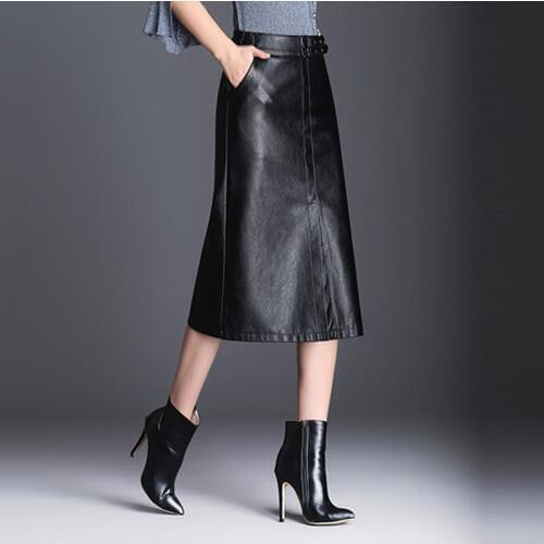 Pocket Leather Skirt Mid-length 2020 Autumn and Winter PU Skirt Large Size Simple Women Clothes Casual Slim Black Saias f2914