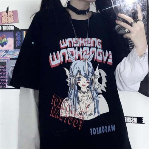 Cool Black Patchwork T-shirt Funny Long Sleeve Couple T Shirt Women Tee Shirt Femme Tops Ladies High Street TShirt Streetwear