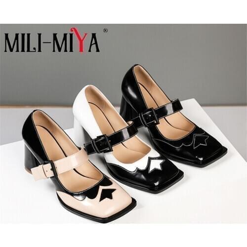 MILI-MIYA New Arrival Women Genuine Leather Pumps Square Toe Thick Heels Buckle Strap Dress Party Shoes Size 34-40 Handmade