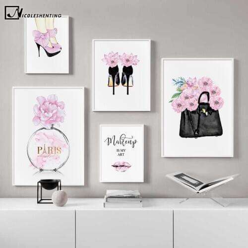 Fashion Quotes Art Poster Pink Lips High Heels Bag Canvas Print Wall Painting Beauty Salon Girl Room Decoration Creative Picture