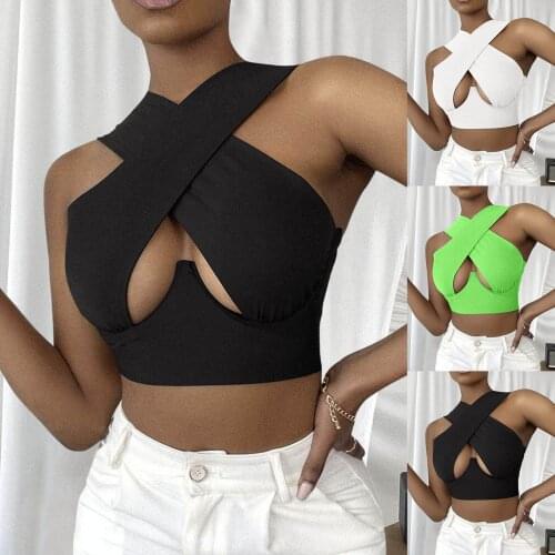 Fashionable Summer Women Crisscross Cut Out Vest Halter Wrap Crop Top Solid Cami Knitted Sexy Tank Tops Solid Cami Майки 2021