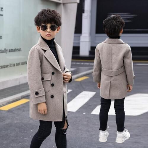 Fashion Winter Woolen Coat For 4-16 Boys 2020 New Turn Collar Double Breasted Big Pockets Solid Apricot Boy Coat High Quality