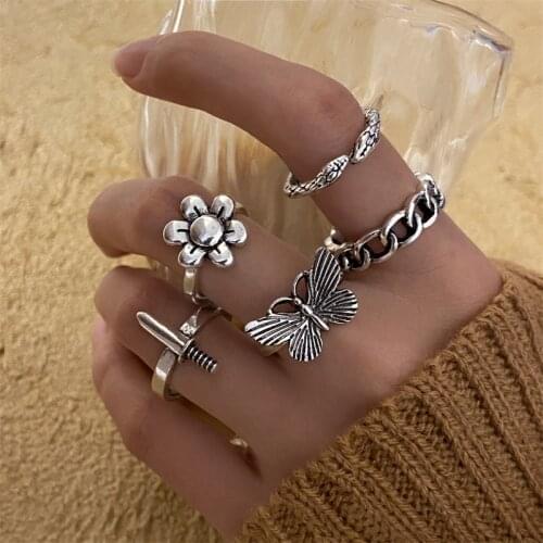 Punk Flower Butterfly Ring Set for Women Vintage Adjustable For Girls Punk Snake Accessories Fashion Jewellery New Trendy