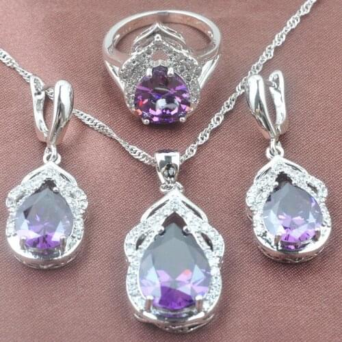 Shining Purple Zirconia Crystal Womens Silver Color Jewelry Sets Necklace Pendant Earrings Ring TZ0306