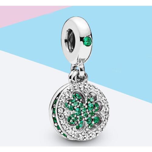 Real 925 Sterling Silver Beads Dazzling Green Clover Pendant Crystal Charm Fit Pandora Bracelets Necklaces Women DIY Jewelry