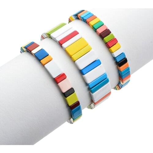 2021 New Hot Sell DIY Enamel Rainbow Tile Bracelet Colorful Enameled Elastic Tile Bead Bracelet for Women Jewelry Dropshipping
