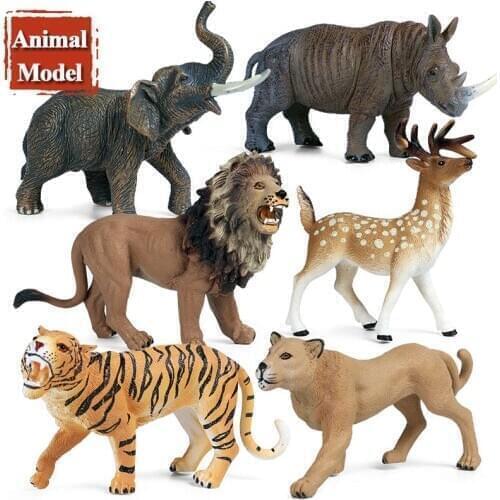 Oenux Original Wild Lion Tiger Leapord Giraffe Deer Rhinoceros Animal Model Action Figure Figurines Cute Kids Toy X-mas Gift