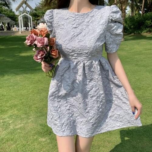 Summer Ladies Elegant Round Neck Puff Sleeve Dress Retro Printing Fashion Folds Temperament Big Flower Dress Female 2021 Dress