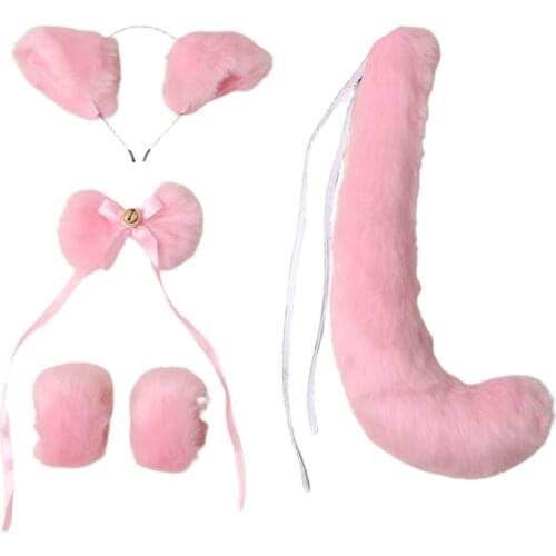 Q1FA 5 Pieces Cat Girls Anime Cosplay Set Kawaii Kitten Ears Headband Headdress Bow Tie Tail Wristbands for Halloween