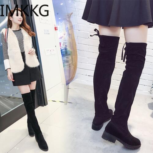 2020 Over The Knee Boots Square Med Heel Women Boots Sexy Ladies Lace Up Stretch Fabric Fashion Boots shoes