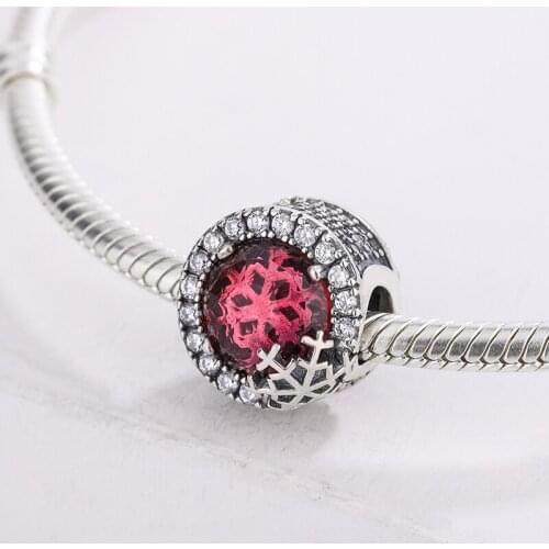 925 Sterling Silver Dazzling Snowflake Charm Red Zircon Stone Beads Pendant Charms Bracelet Fashion Jewelry DIY Making