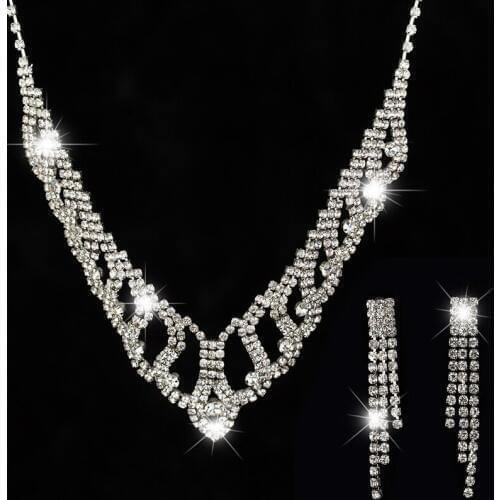 Factory price 2016 Wedding Bridal Wedding Silver Plated Crystal Rhinestone Necklace Earrings Jewelry Set for women #N199