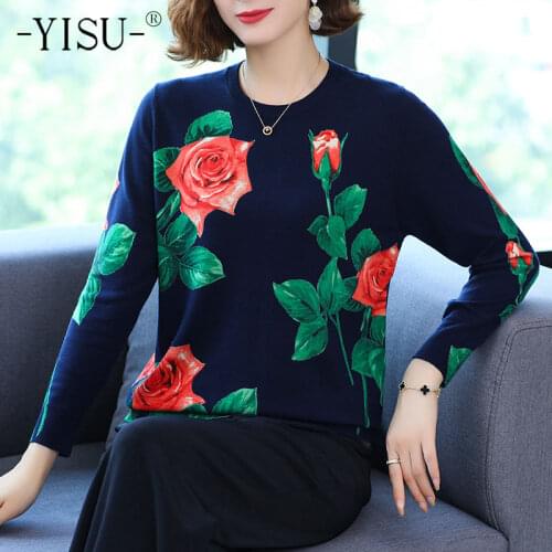 YISU Spring Autumn Loose Women Sweater O-Neck Knitted pullove tops Female Casual Printing Jumper 2021 New Woman clothing