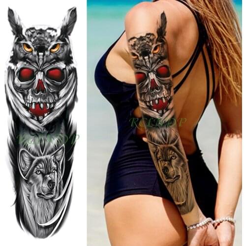 Waterproof temporary tattoo sticker owl skull wolf animal feather full arm fake tatoo flash sleeve tatto for men women