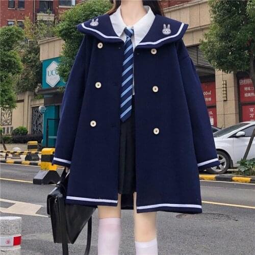 Japanese Winter Casual Women Jacket Vintage Sailor Collar Sweety Rabbit Ears Kawaii Cartoons Embroidery Keep Warm Thicken Coat