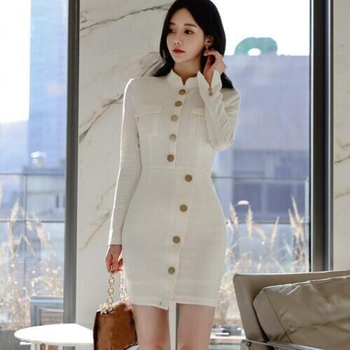 Women Autumn Winter Sheath Dresses Sexy Office Party Elegant Buttons Dress