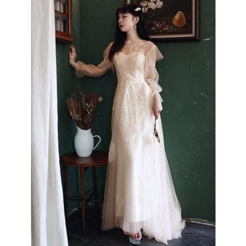 Women Temperament Long A Line Tulle Evening Dresses Elegant Champagne Long Sleeve Prom Gowns Plus Size 3XL